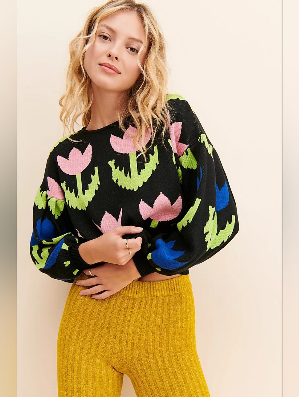 PASTICHE Floral Geometric Knit Sweater | Tulip Print Balloon Sleeve | Size Small